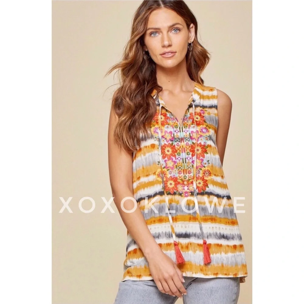 Savanna Jane Yellow & Cream Dip Dyed Embroidered Split Neck Top - Picture 4 of 12